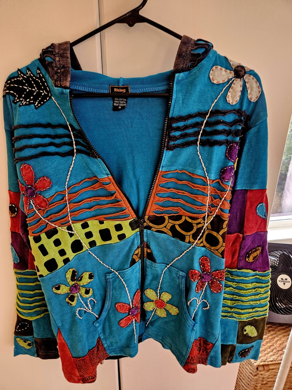 Rising International Teal Zip-Up Hoodie with Multicolor Stitching